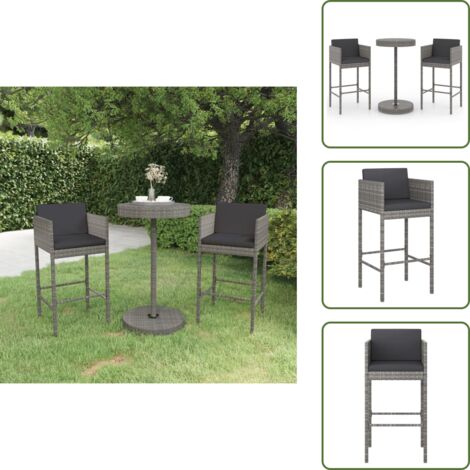 The Living Store Set muebles bar jardín 3 piezas y cojines ratán sintético gris - Muebles de exterior