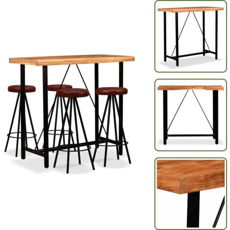 The Living Store Set muebles de bar 5 pzas madera maciza acacia cuero genuino - Acacia