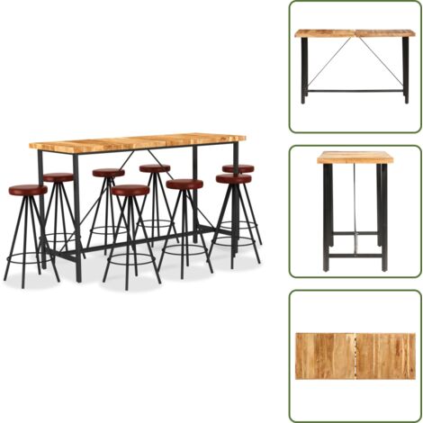 The Living Store Set muebles de bar 9 pzas madera maciza acacia cuero auténtico - Acacia