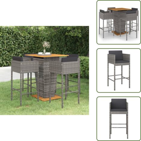The Living Store Set muebles de bar jardín 5 pzas y cojines ratán sintético gris - Muebles de exterior