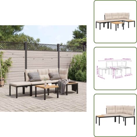 The Living Store Set Panche Giardino Cuscini 4pz Nero Acciaio Verniciato Polvere - Tavolo da giardino
