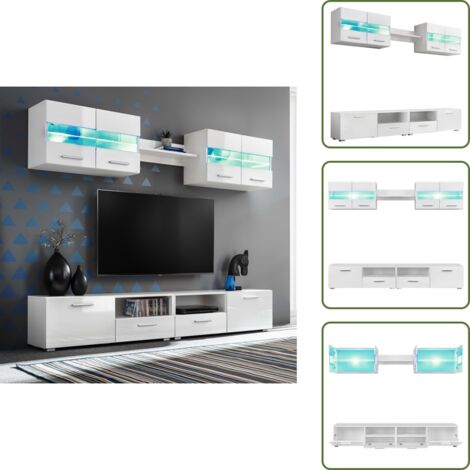The Living Store Set Parete Attrezzata Porta TV con Luci LED 5 pz Bianco Lucido - Armadietto a muro