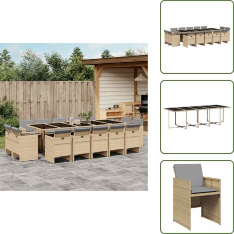 The Living Store Set Pranzo da Giardino 15 pz con Cuscini Beige Misto Polyrattan - Sedie da giardino