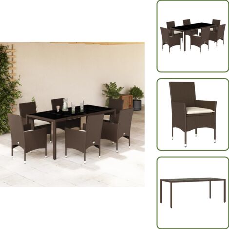 The Living Store Set Pranzo da Giardino 7pz con Cuscini Marrone Polyrattan Vetro - Tavolo da giardino