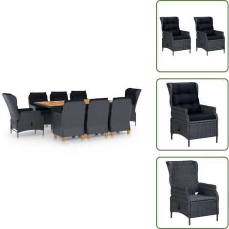 The Living Store Set Pranzo da Giardino 9 pz con Cuscini Polyrattan Grigio Scuro - Sedie da giardino