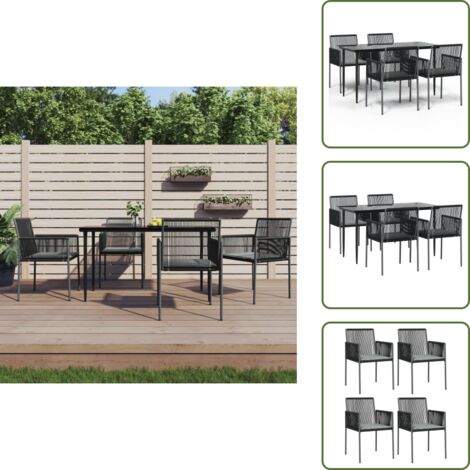 The Living Store Set Pranzo Giardino 5 pz con Cuscini Polyrattan e Acciaio Nero - Tavolo da pranzo da esterno
