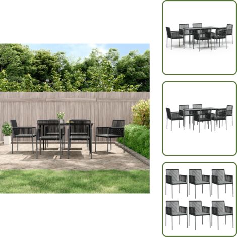 The Living Store Set Pranzo Giardino 7 pz con Cuscini Polyrattan e Acciaio Nero - Tavolo da pranzo da esterno