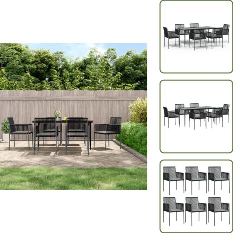 The Living Store Set Pranzo Giardino 7 pz con Cuscini Polyrattan e Acciaio Nero - Tavolo da pranzo da esterno
