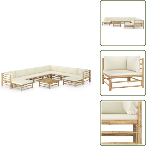 The Living Store Set Salotto da Giardino 11pz con Cuscini Bianco Crema in Bambù - Cuscini da giardino