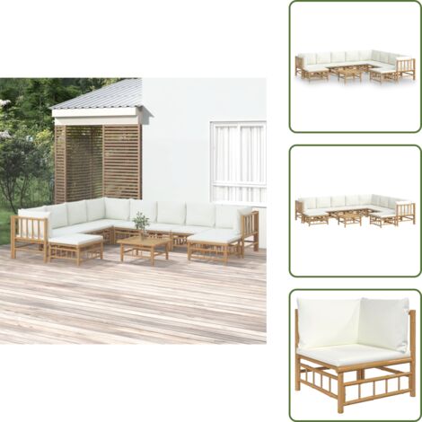 The Living Store Set Salotto da Giardino 11pz con Cuscini Bianco Crema in Bambù - Divano da giardino