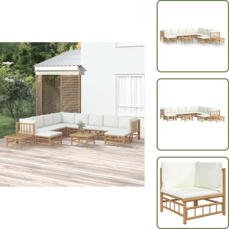 The Living Store Set Salotto da Giardino 12pz con Cuscini Bianco Crema in Bambù - Divano da giardino