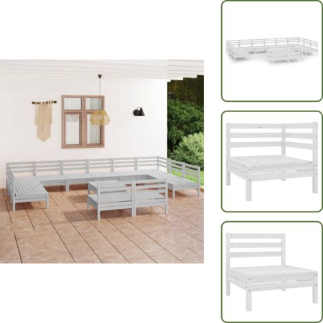 The Living Store Set Salotto da Giardino 13 pz in Legno Massello di Pino Bianco - Divano da giardino