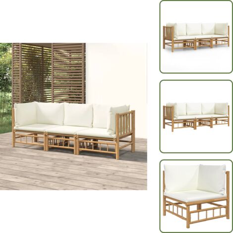 The Living Store Set Salotto da Giardino 3pz con Cuscini Bianco Crema in Bambù - Seduta esterna