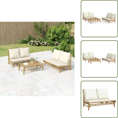 The Living Store Set Salotto da Giardino 3pz con Cuscini Bianco Crema in Bambù - Tavolino da salotto