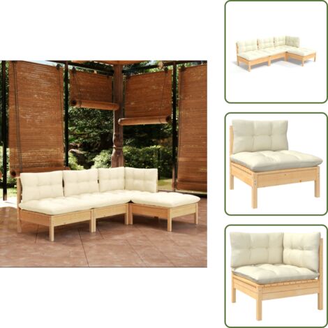 The Living Store Set Salotto da Giardino 4 pz con Cuscini Crema in Legno di Pino - Divano da giardino