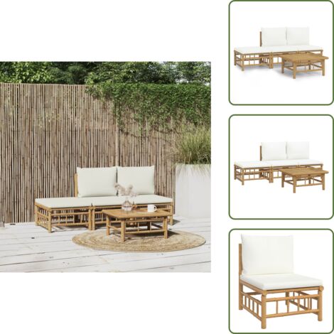 The Living Store Set Salotto da Giardino 4pz con Cuscini Bianco Crema in Bambù - Divano da esterno