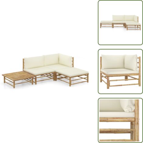 The Living Store Set Salotto da Giardino 4pz con Cuscini Bianco Crema in Bambù - Divano da giardino