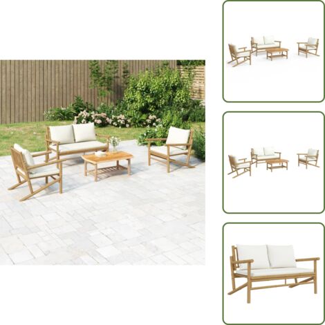The Living Store Set Salotto da Giardino 4pz con Cuscini Bianco Crema in Bambù - Tavolino da salotto