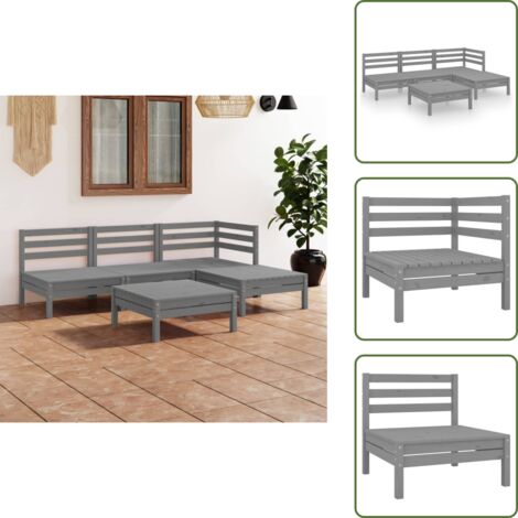 The Living Store Set Salotto da Giardino 5 pz in Legno Massello di Pino Grigio - Divano in legno