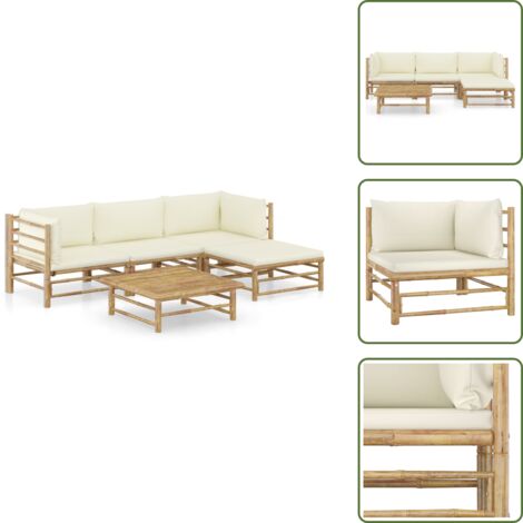 The Living Store Set Salotto da Giardino 5pz con Cuscini Bianco Crema in Bambù - Divano da giardino