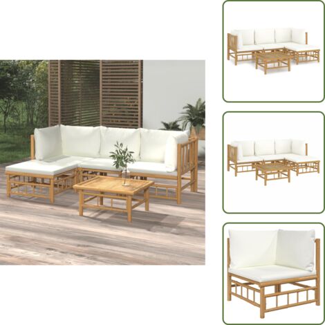 The Living Store Set Salotto da Giardino 5pz con Cuscini Bianco Crema in Bambù - Divano da giardino