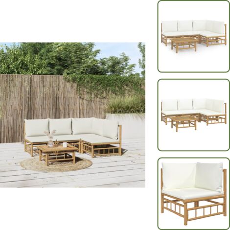 The Living Store Set Salotto da Giardino 5pz con Cuscini Bianco Crema in Bambù - Divano da giardino