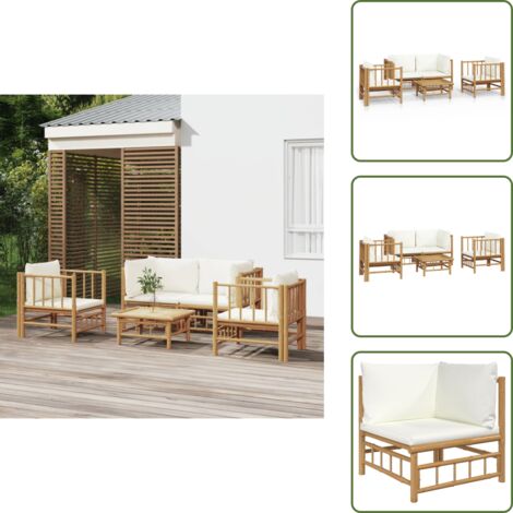 The Living Store Set Salotto da Giardino 5pz con Cuscini Bianco Crema in Bambù - Divano da giardino