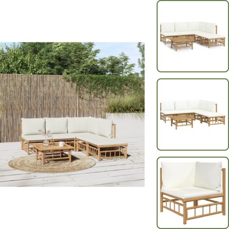 The Living Store Set Salotto da Giardino 6pz con Cuscini Bianco Crema in Bambù - Divano da esterno