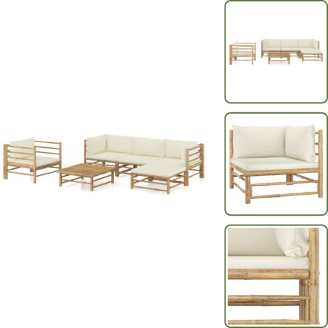 The Living Store Set Salotto da Giardino 6pz con Cuscini Bianco Crema in Bambù - Divano da giardino