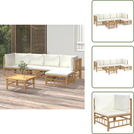 The Living Store Set Salotto da Giardino 6pz con Cuscini Bianco Crema in Bambù - Divano da giardino
