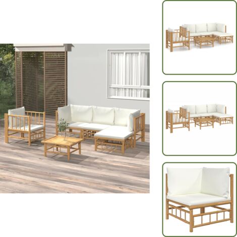 The Living Store Set Salotto da Giardino 6pz con Cuscini Bianco Crema in Bambù - Divano da giardino