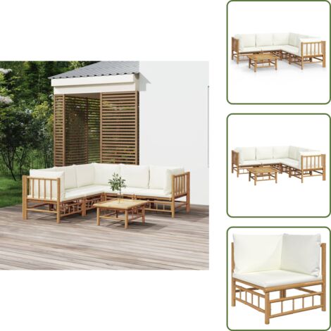 The Living Store Set Salotto da Giardino 6pz con Cuscini Bianco Crema in Bambù - Divano da giardino