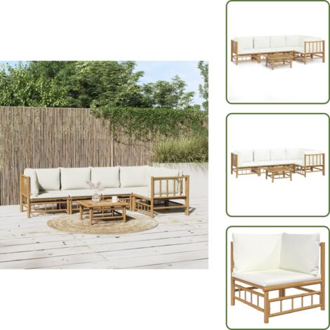 The Living Store Set Salotto da Giardino 6pz con Cuscini Bianco Crema in Bambù - Divano da giardino