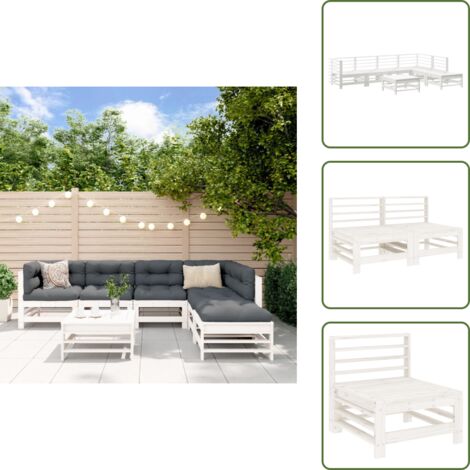 The Living Store Set Salotto da Giardino 7 pz Bianco in Legno Massello di Pino - Mobili da giardino