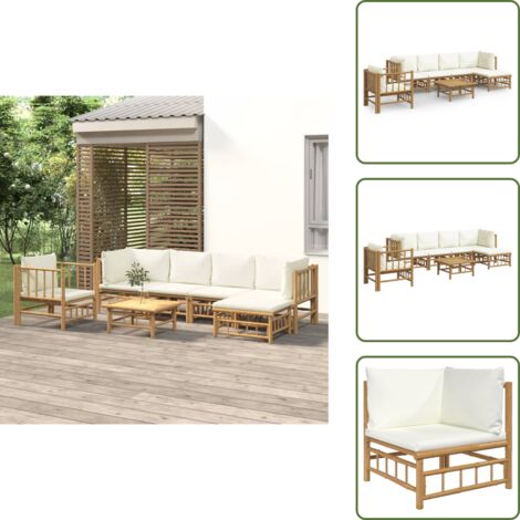 The Living Store Set Salotto da Giardino 7pz con Cuscini Bianco Crema in Bambù - Divano da giardino
