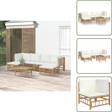 The Living Store Set Salotto da Giardino 7pz con Cuscini Bianco Crema in Bambù - Divano da giardino