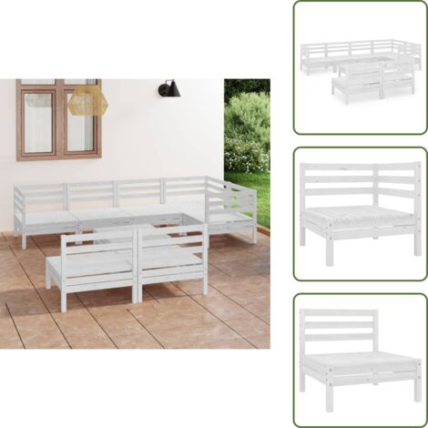 The Living Store Set Salotto da Giardino 8 pz in Legno Massello di Pino Bianco - Divano in legno