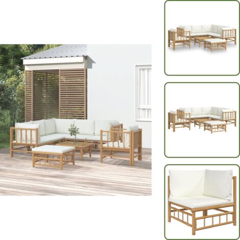 The Living Store Set Salotto da Giardino 8pz con Cuscini Bianco Crema in Bambù - Divano da giardino