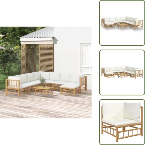 The Living Store Set Salotto da Giardino 9pz con Cuscini Bianco Crema in Bambù - Divano da giardino