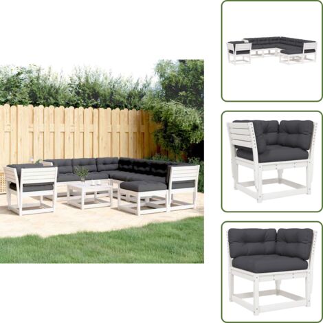 The Living Store Set Salotto Giardino 8pz con Cuscini Bianco Legno Massello Pino - Sedute angolari