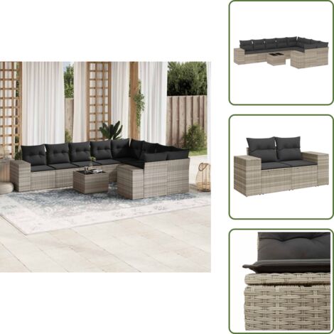 The Living Store Set sofás jardín 10 pzas con cojines ratán sintético gris claro - Muebles de jardín