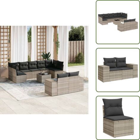 The Living Store Set sofás jardín 10 pzas con cojines ratán sintético gris claro - Muebles de jardín