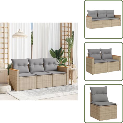 The Living Store Set sofás jardín 3 pzas y cojines ratán sintético beige mezcla - Cojines para sofás