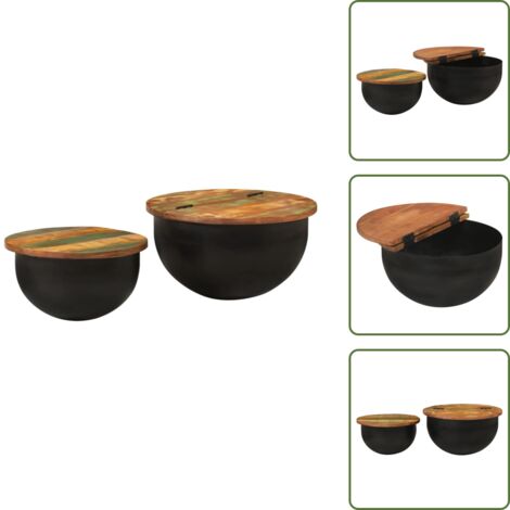 The Living Store Set Tavolini da Salotto 2 pz Nero in Legno Massello di Recupero - Tavolino in legno