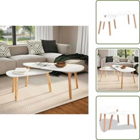 The Living Store Set Tavolini Salotto 2pz in Legno Massello Massello Pino Bianco - Tavoli in legno