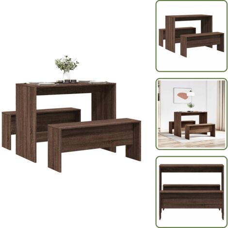 The Living Store Set Tavolo da Pranzo e Panche 3 pz Rovere Marrone in Truciolato - Panca
