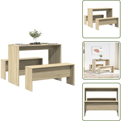 The Living Store Set Tavolo da Pranzo e Panche 3 pz Rovere Sonoma in Truciolato - Panca