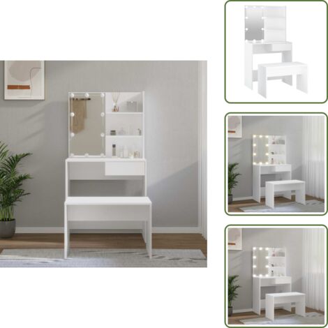 The Living Store Set Tavolo da Toeletta Bianco con LED in Legno Multistrato - Tavolo da trucco con LED