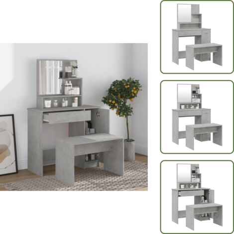 The Living Store Set Tavolo da Toeletta Grigio Cemento 86,5x35x136 cm - Sgabello da toeletta