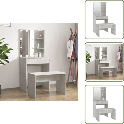The Living Store Set Tavolo da Toeletta Grigio Cemento con LED Legno Multistrato - Specchio